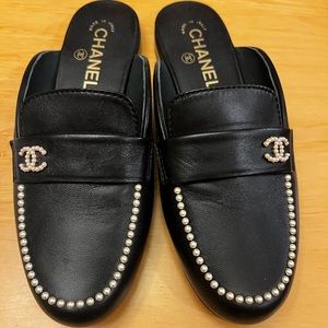 Chanel Black Loafer Slides with Pearls